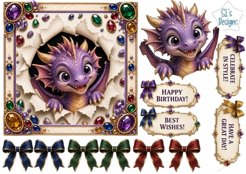 Dragon Birthday Adventure – Gemstone Peek‑Through & Party Tags Card Kit