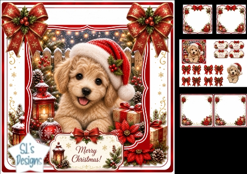 Santa Puppy Christmas Peek‑Through – Festive Lanterns & Holiday Tags Card Kit