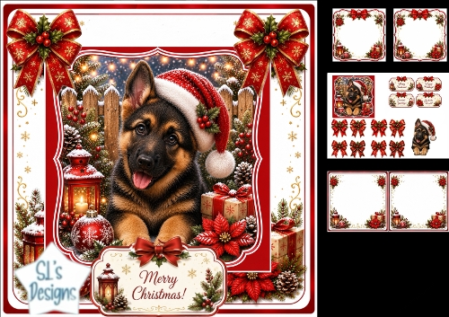 German Shepherd Santa Puppy – Festive Lanterns & Merry Christmas Card Kit