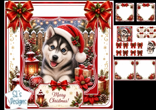 Husky Santa Puppy Christmas Card Kit – Lanterns, Poinsettias & Winter Magic