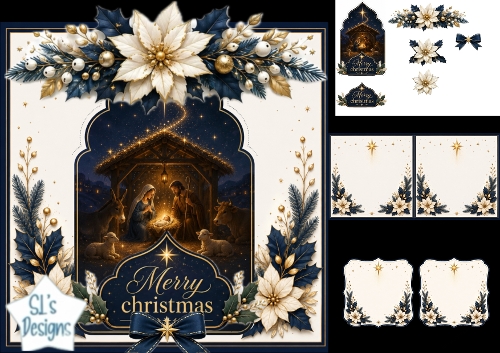 Nativity Christmas Card Kit – Holy Family, Blue & Gold Poinsettias