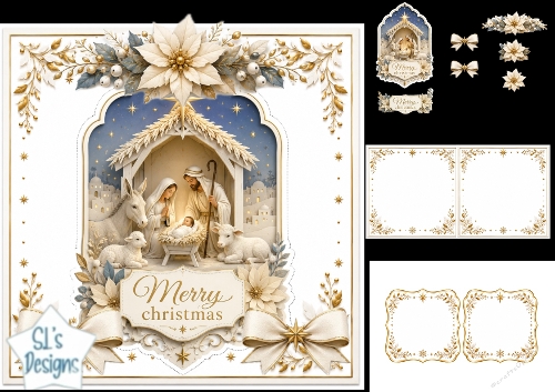Nativity Christmas Card Kit – Holy Family, Gold & White Poinsettias