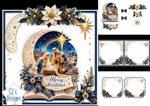 Nativity Christmas Card Kit – Gold & Blue Poinsettias & Holy Family Scene