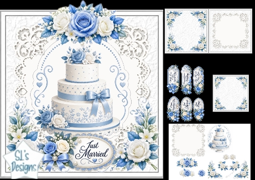 Elegant Wedding Cake Card Kit – Blue Roses & Lace Frames