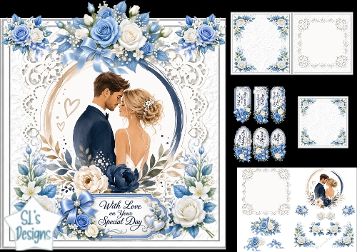 Romantic Wedding Couple Card Kit – Blue Roses & Lace Accents