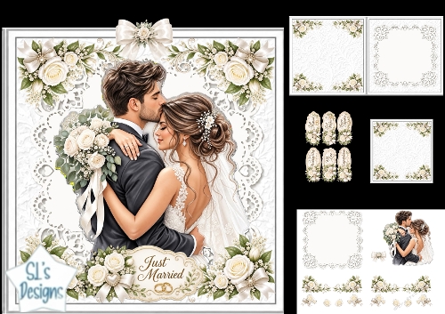 Just Married Wedding Couple Card Kit – Ivory Roses & Lace Elegance