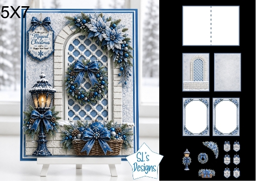 Blue Christmas Window 5x7 Card Kit with Lantern, Wreath and Festive Embellishments