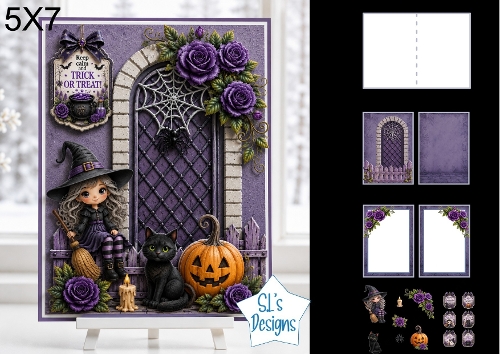 Halloween Witch Girl 5x7 Card Kit with Black Cat, Pumpkin and Trick or Treat Sign