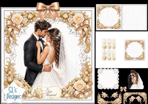 Golden Wedding Couple Card Kit – Just Married Roses & Lace