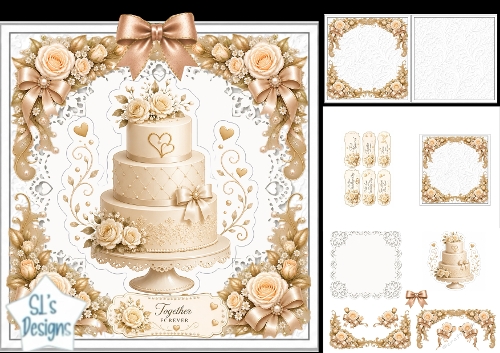 Ivory Wedding Cake Card Kit – Together Forever Gold Roses & Lace