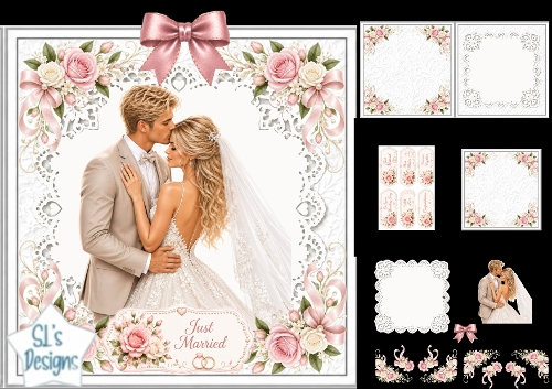 Just Married Wedding Couple Card Kit – Pink Roses & Lace Elegance
