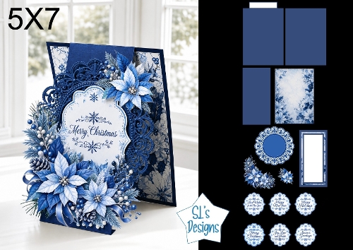 Blue and White Christmas 5x7 Card Kit with Filigree Frame and Winter Florals
