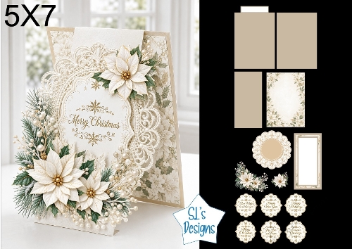 White and Gold Christmas 5x7 Card Kit with Poinsettias, Lace Layers and Festive Sentiments