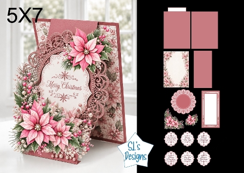 Pink Poinsettia Christmas 5x7 Card Kit with Lace Layers and Festive Sentiments