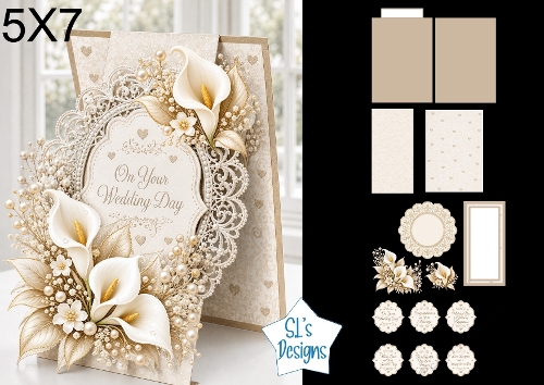 Gold Calla Lilies Wedding 5x7 Card Kit with Lace Layers and Sentiment Labels