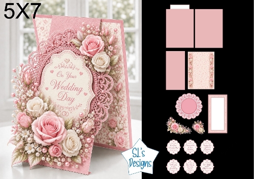 Pink Roses Wedding 5x7 Card Kit with Lace Layers and Sentiment Labels