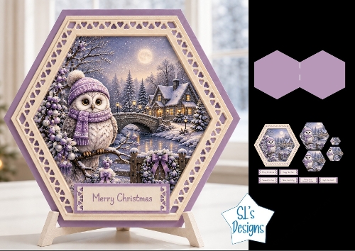 Winter Owl Hexagon Christmas Card Kit with Scenic Snowy Landscape & Toppers