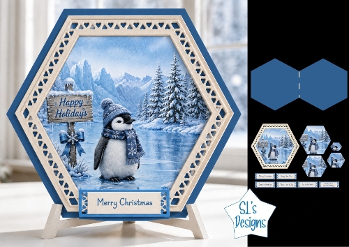 Penguin Winter Scene Hexagon Christmas Card Kit with Festive Holiday Toppers