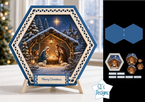 Nativity Scene Hexagon Christmas Card Kit with Holy Family & Winter Toppers