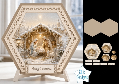 Nativity Scene Hexagon Christmas Plaque Kit with Holy Family & Winter Toppers