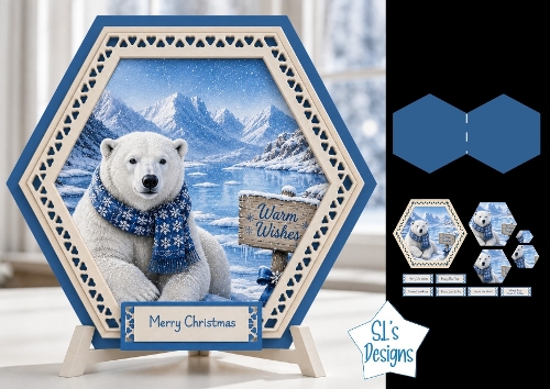 Polar Bear Winter Scene Hexagon Christmas Card Kit with Festive Toppers