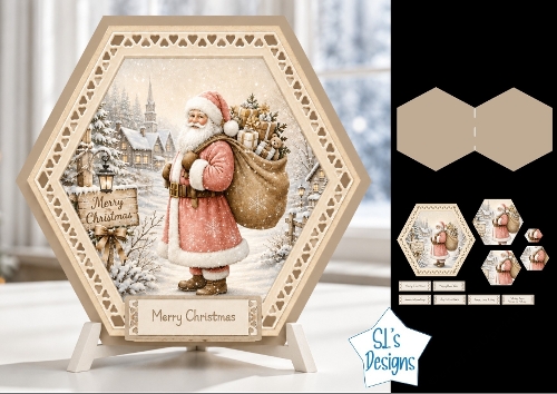 Santa Claus Winter Village Hexagon Christmas Plaque Kit with Festive Toppers