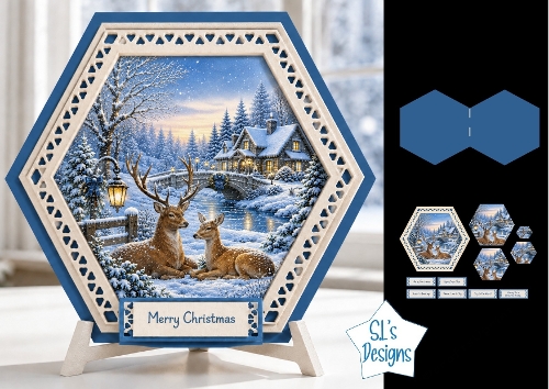 Deer Winter Scene Hexagon Christmas Card Kit with Scenic Snowy Landscape & Toppers