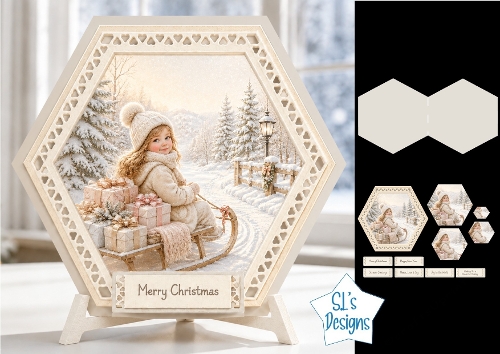 Child on Sled Winter Scene Hexagon Christmas Card Kit with Festive Toppers