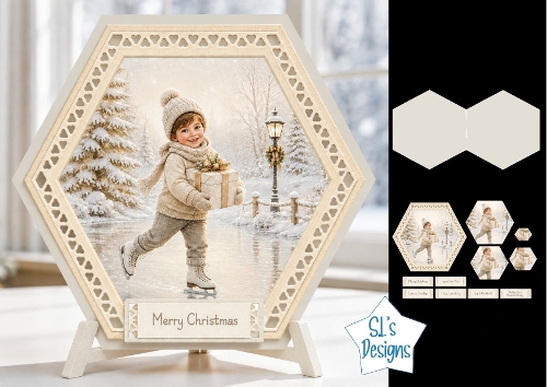 Ice Skating Child Winter Scene Hexagon Christmas Card Kit with Festive Toppers