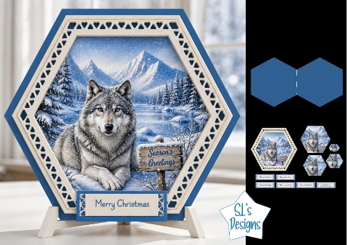 Wolf Winter Scene Hexagon Christmas Card Kit with Snowy Landscape & Festive Toppers