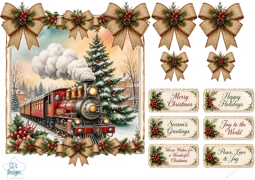 Vintage Christmas Train Scene Topper – Snowy Holiday Labels & Festive Accents