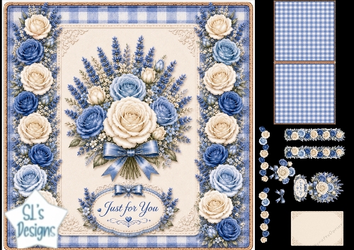 Cream & Blue Rose Floral Topper – Elegant Bouquet with Just for You Label