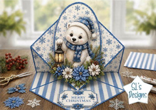Blue Christmas Bear Topper – Cute Winter Lantern Card with Merry Christmas Label