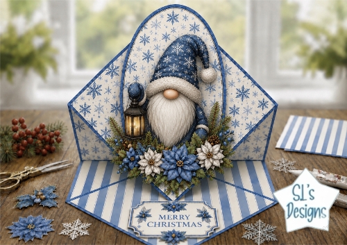 Blue Christmas Gnome Topper – Winter Lantern Card with Merry Christmas Label