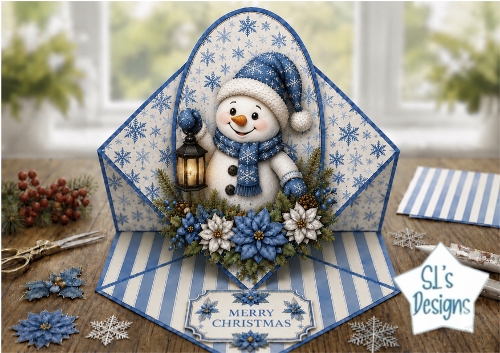 Blue Christmas Snowman Topper – Winter Lantern Card with Merry Christmas Label