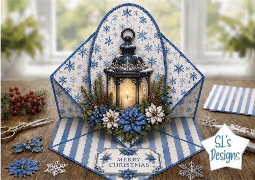 Blue Christmas Lantern Topper – Elegant Winter Floral Card