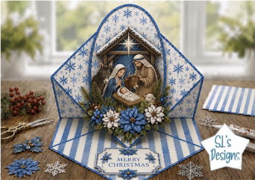 Blue Nativity Christmas Topper – Holy Family Scene with Merry Christmas Label