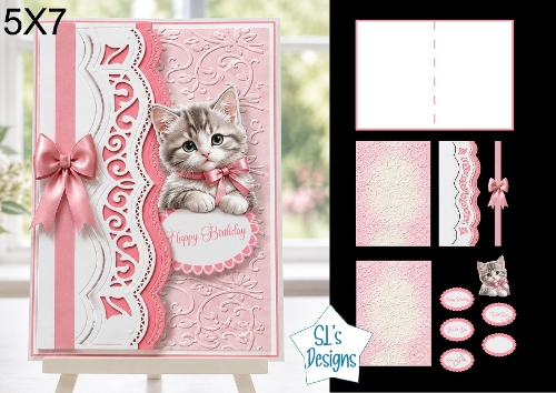 Kitten with Pink Bow 5x7 Birthday Card Kit with Embossed Panels & Toppers