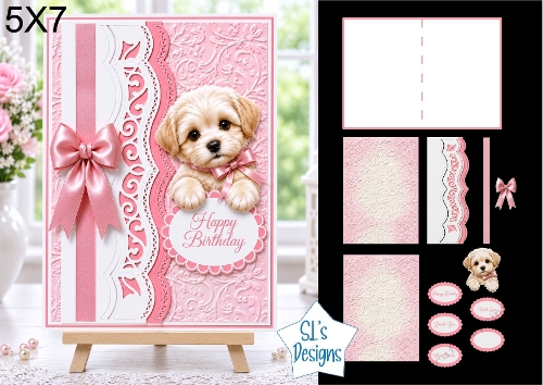 Puppy with Pink Bow 5x7 Birthday Card Kit with Embossed Panels & Cute Toppers