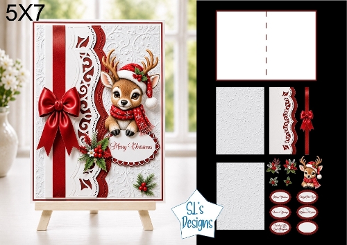 Cute Reindeer 5x7 Christmas Card Kit with Embossed Panels & Festive Toppers