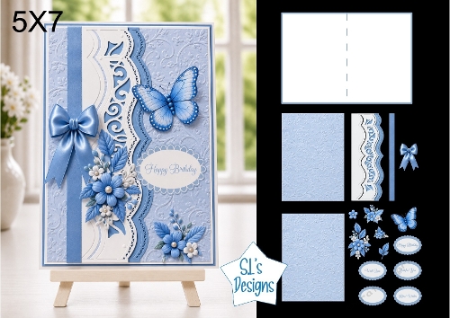 Blue Butterfly 5x7 Birthday Card Kit with Embossed Panels & Floral Toppers