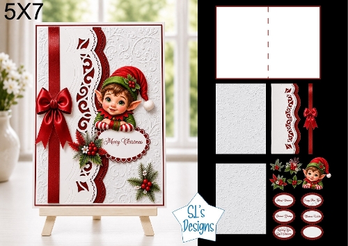 Cute Elf 5x7 Christmas Card Kit with Embossed Panels & Festive Toppers