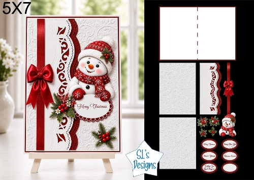 Snowman 5x7 Christmas Card Kit with Embossed Panels & Festive Toppers