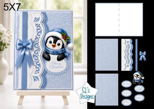 Cute Penguin 5x7 Christmas Card Kit with Embossed Panels & Festive Toppers