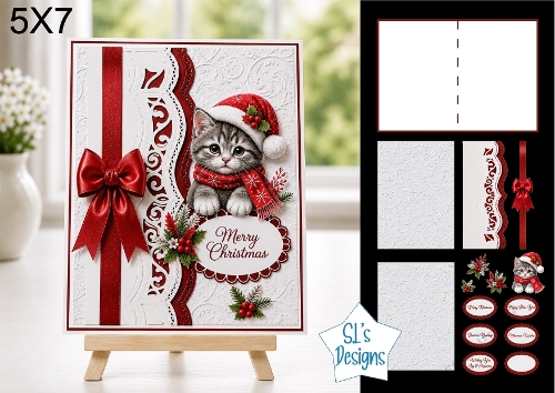 Cute Kitten 5x7 Christmas Card Kit with Embossed Panels & Festive Toppers