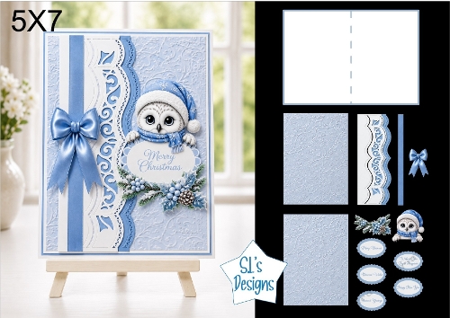 Cute Owl 5x7 Christmas Card Kit with Embossed Panels & Winter Toppers