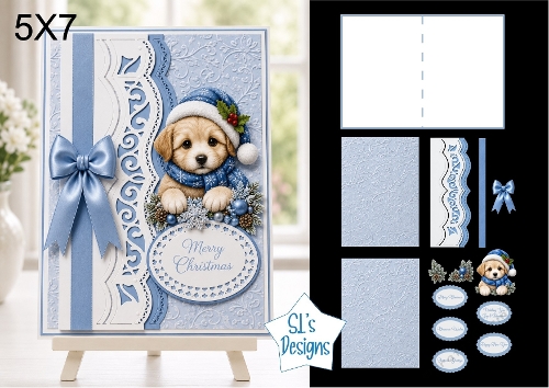 Winter Puppy 5x7 Christmas Card Kit with Embossed Panels & Festive Blue Toppers