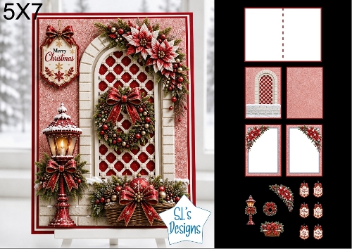 Christmas Window & Lantern 5x7 Card Kit with Poinsettias & Festive Toppers