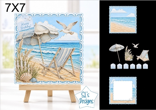 Beach Chair & Umbrella 7x7 Birthday Card Kit with Coastal Scene & Summer Toppers