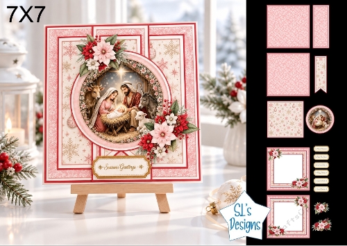 Nativity Scene 7x7 Christmas Card Kit with Poinsettias & Festive Toppers
